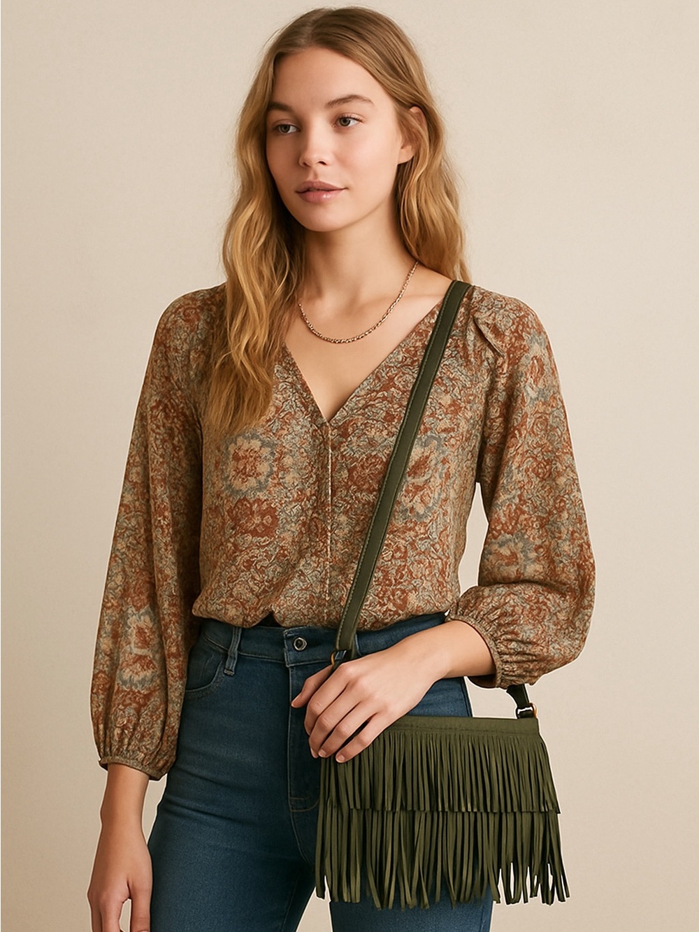 Haute Hippie Olive Green Genuine Suede Tiered Fringe Adjustable Crossbody Bag - Picture 2 of 10